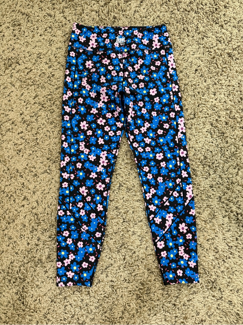 Franki by Francesca’s Black Leggings with Blue and Pink Floral Pattern
